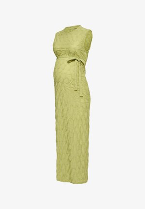 Mouwloze, getextureerde lichtgroene zwangerschapsjurk met een ronde halslijn en een zijstrikceintuur, midilange uitvoering.