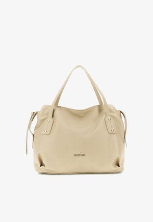 Beige læderhåndtaske med dobbelt håndtag, lynlåsdetailler i siderne og lille guldfarvet "CafèNoir"-logo på midten foran.