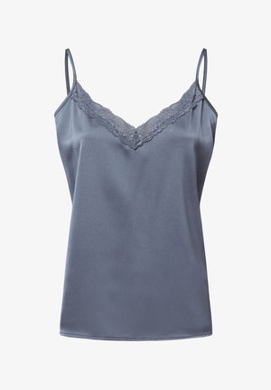 Ärmelloses Cami-Top in Schieferblau mit einem V-Ausschnitt mit Spitzenbesatz und glattem, leichtem Satinmaterial für einen eleganten Look.