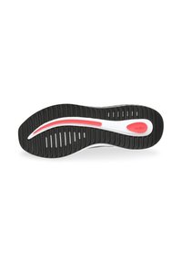 Black rubber shoe sole with a thick tread pattern, featuring a white midsole and a red accent line. Features grooves for grip and flexibility.