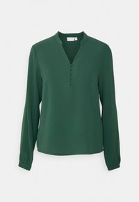 Grön långärmad blus med v-halsringning, sex klädda knappar framtill och en mjuk textur. Slim fit med rynkade ärmslut.