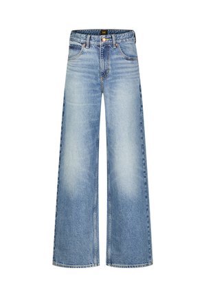 Light blue denim wide-leg jeans feature a high waist, five pockets, and subtle fading along the thighs and hems. Silver-tone button closure.