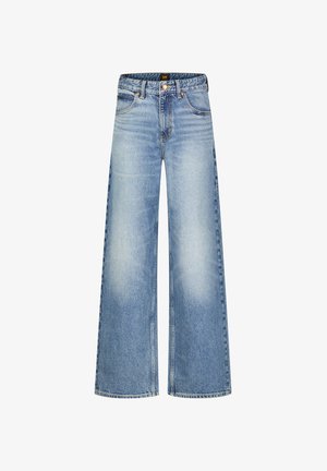 Light blue denim wide-leg jeans feature a high waist, five pockets, and subtle fading along the thighs and hems. Silver-tone button closure.