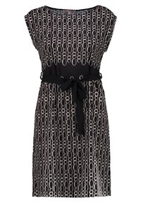 Černé šaty s velkým bílým oválným vzorem, kulatým výstřihem, krátkými rukávy a látkovým páskem uvázaným v pase. Lehký materiál.