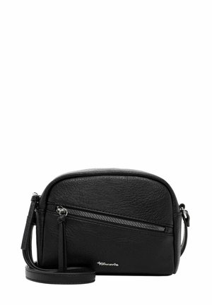 Schwarze Leder-Umhängetasche mit diagonaler Fronttasche mit Reißverschluss und verstellbarem Schulterriemen.