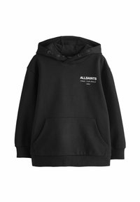 Sudadera con capucha negra hecha de tejido suave, con un bolsillo frontal y un detalle del logo en blanco en el pecho. Diseño clásico de sobrefalda.