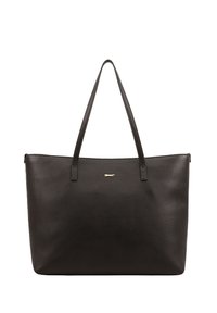 Zwarte leren totebag met twee lange handvatten, rechthoekige vorm, gladde textuur en een gouden logoaccent aan de voorkant.
