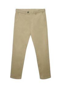 Pantaloni beige chiaro realizzati in tessuto liscio, con taglio dritto, tasche frontali e chiusura con un solo bottone in vita.