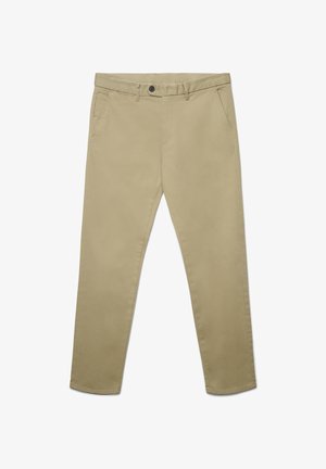 Light tan trousers made of smooth fabric, featuring a straight cut, front pockets, and a single button closure at the waistband.