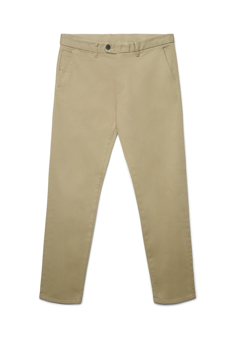 Pantaloni beige chiaro realizzati in tessuto liscio, con taglio dritto, tasche frontali e chiusura con un solo bottone in vita.