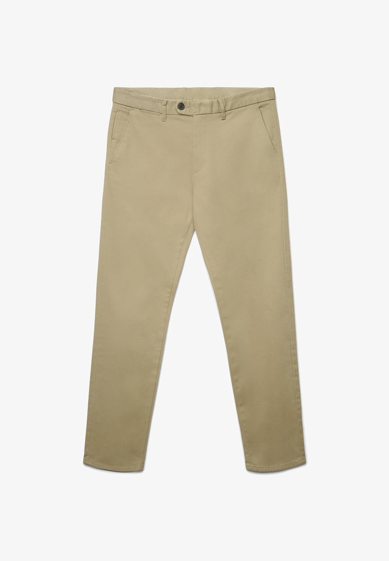 Pantaloni beige chiaro realizzati in tessuto liscio, con taglio dritto, tasche frontali e chiusura con un solo bottone in vita.