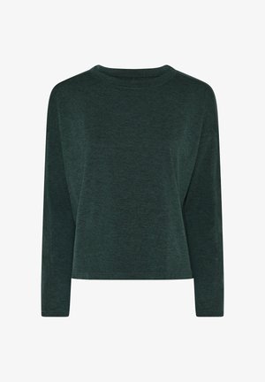 Tamnozeleni top s dugačkim rukavima, okruglim izrezom, mekanom meliranom teksturom i opuštenim, blago skraćenim krojem.