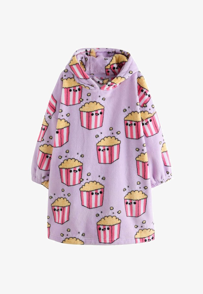 Violetti fleece-huppari, jossa on keltaisia ja vaaleanpunaisia popcorn- sekä popcorn-sankakuvioita. Mukana huppu ja elastiset hihansuut.