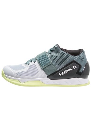 Niskie buty sportowe Reebok w białym i szarym kolorze z cholewką z siateczki, regulowanym paskiem, sznurowaniem, amortyzowaną podeszwą i logo Reebok na panelu pięty.