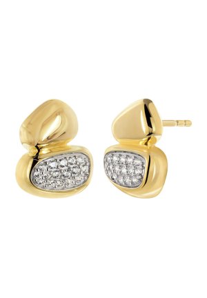 Pair of gold stud earrings with irregular shapes featuring small embedded clear gemstones on a silver-tone base.
