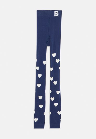 Collants infantis azul-marinho com um padrão de corações brancos espalhados e um pequeno logotipo de rosto de panda na cintura, sobre fundo branco.