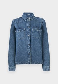 Denim jacket with long sleeves, button-up front, folded collar, and two flap chest pockets with buttons.