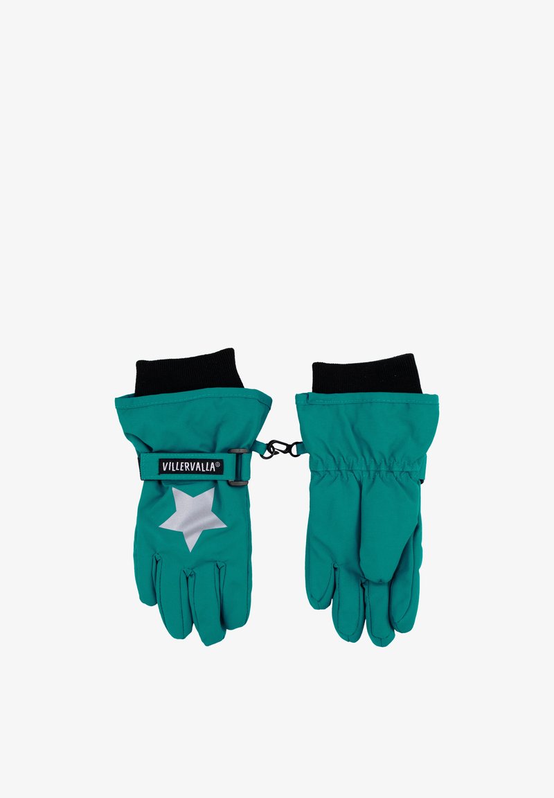 Gants d'hiver bleu sarcelle avec poignet noir, ornés d'une étoile blanche et d'une sangle de connexion. Fabriqués en matériau durable et résistant à l'eau.