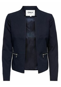 Blazer marine sans col, doté de poches zippées et d'une doublure intérieure lisse, fabriqué à partir d'un tissu léger.
