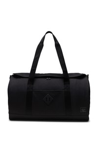 Sac de sport noir en forme arrondie, en matériau textile, avec deux poignées supérieures, fermeture zippée et une poche avant avec un écusson en forme de diamant.