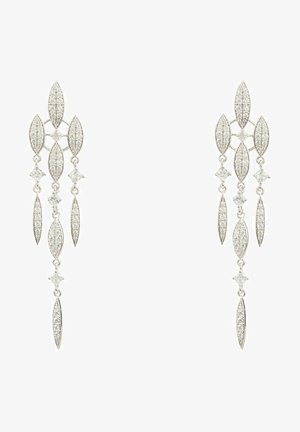 Boucles d'oreilles en argent avec un design en feuille, présentant plusieurs accents en cristal clair et des formes allongées, créant un effet en cascade.