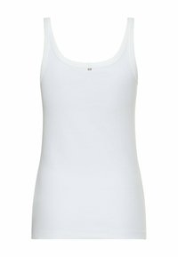 Weißes Tanktop aus glattem, dehnbarem Material. Verfügt über einen Rundhalsausschnitt und breite Träger. Einfaches Design ohne sichtbare Muster oder Akzente.