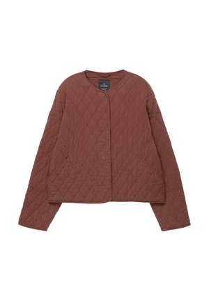 Quilted jacket in a dark terracotta color. Features a round neckline, open front, and two side pockets with a textured diamond pattern.