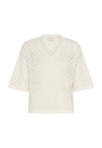 Weißer, gestrickter Pullover mit kurzem Arm und V-Ausschnitt, der ein Rautenmuster aufweist und einen lockeren, entspannten Schnitt hat. Sanfte Textur mit offener Webart.