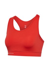 Czerwy top sportowy z plecakiem, gładki materiał i szeroki elastyczny pas z brandingiem na dole. Prosta i dopasowana sylwetka.