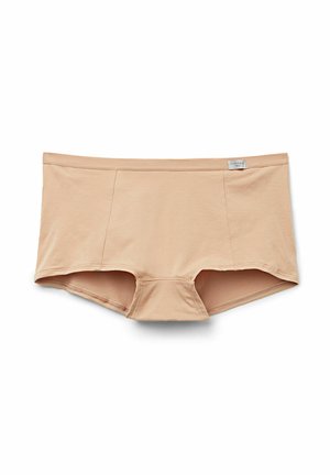 Beige boyshort ondergoed van zachte stof, met een laag tailleontwerp, zonder patronen en subtiele stikdetails.