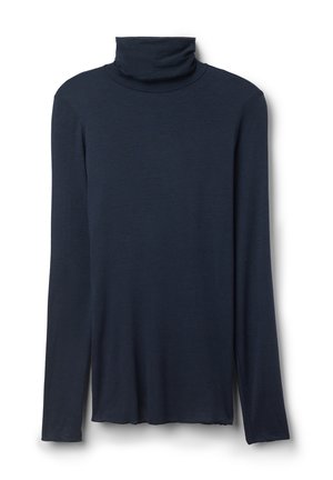 Marineblaues Langarm-Turtleneck-Oberteil aus weichem, leichtem Stoff. Mit umgeschlagenem Kragen und seitlichen Schlitzen am Saum für eine bequeme Bewegungsfreiheit.