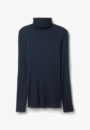 Marineblaues Langarm-Turtleneck-Oberteil aus weichem, leichtem Stoff. Mit umgeschlagenem Kragen und seitlichen Schlitzen am Saum für eine bequeme Bewegungsfreiheit.