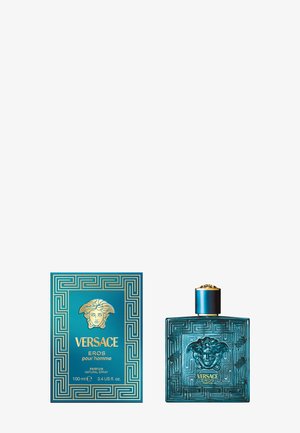 Profumo Versace Eros pour Homme, 100 ml. Bottiglia quadrata blu con design in rilievo; tappo dorato. La confezione presenta uno sfondo blu con dettagli dorati.