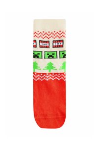 Rote und cremefarbige Stricksocken mit pixelierten TNT- und Creeper-Designs, einem dekorativen weißen Muster am oberen Rand und einer glatten Textur.