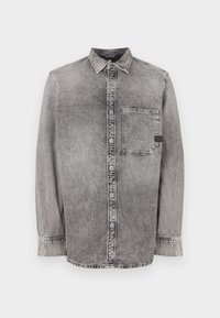 Grijze denim knopsluiting overhemd, lange mouwen, stof van gemiddelde dikte, enkele borstzak, vervaagde afwerking met contrasterende knopen, klassieke kraag.