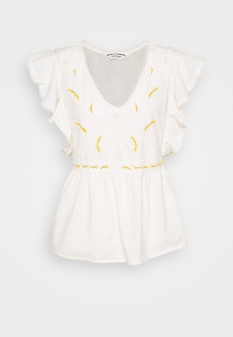 Vit blus med kort ärm som har gul blommig broderi, en djup V-ringning och en veckad midja för en avslappnad passform. Texturerat, lättviktigt tyg.