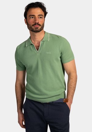 Man met donker haar en baard, die een lichtgroen gebreid poloshirt met korte mouwen en donkerblauwe broek met een patroonriem draagt.