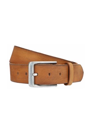 Tan leather belt featuring a silver metal buckle, smooth texture, and adjustable holes along the strap for sizing. Simple design.