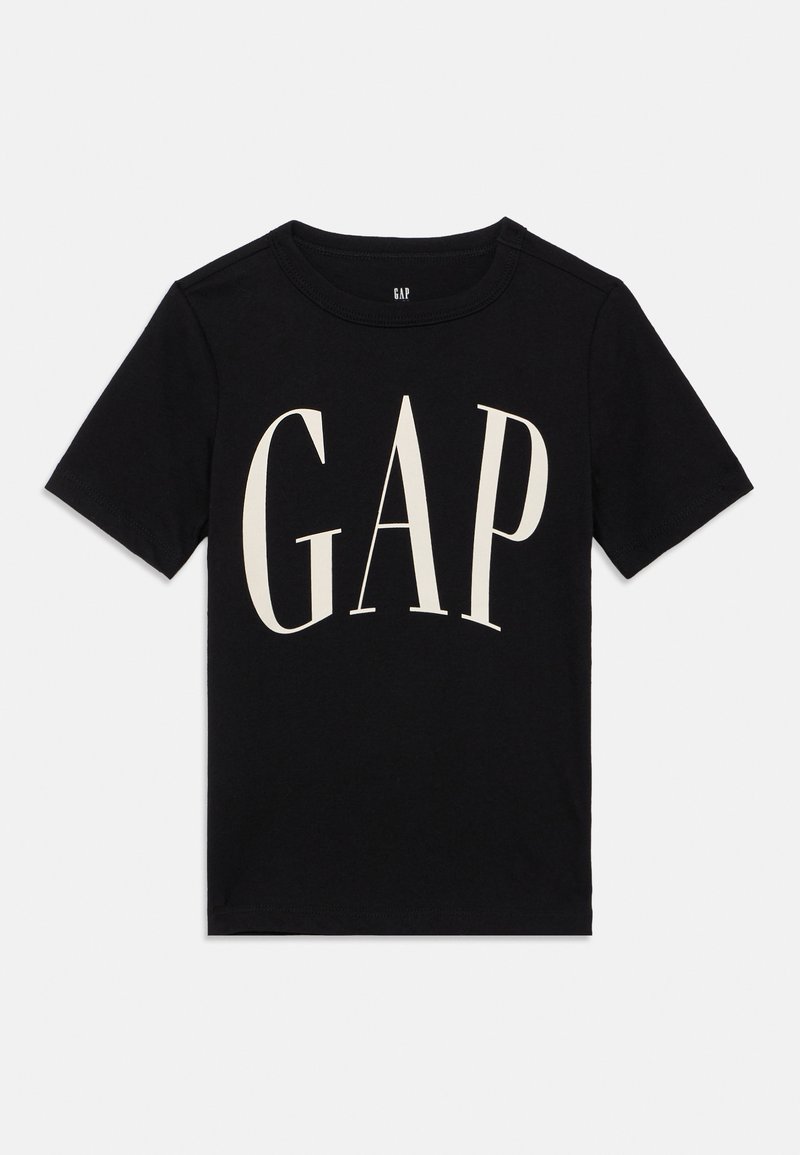 Μαύρο βαμβακερό t-shirt με μεγάλο, κρεμ λογότυπο GAP σε στιλιζαρισμένη γραμματοσειρά, κοντά μανίκια και κλασικό στρογγυλό λαιμό.