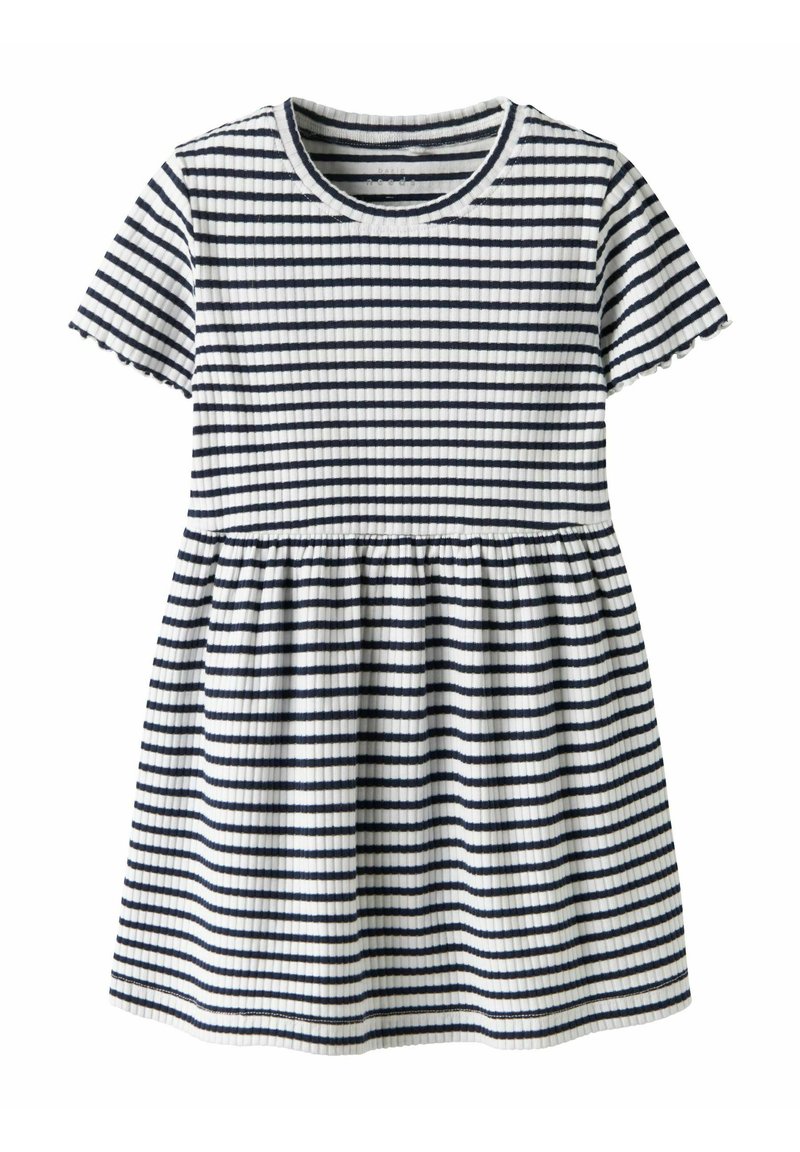 Pasiasta sukienka z krótkimi rękawami, z granatowymi i białymi poziomymi pasami, żebrowaną teksturą i skośnym pasem w talii dla rozkloszowanego dołu.