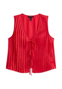 Blouse sans manches rouge avec un décolleté en V profond, texture plissée et fermeture à nœud devant. Tissu léger avec une finition lisse.