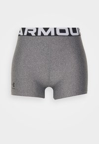 Shorts de sport gris sans coutures avec une ceinture élastique noire et blanche portant la mention "ARMOUR" et le logo Under Armour sur la jambe gauche.