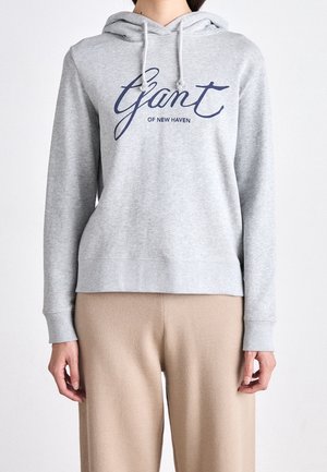 Personne portant un sweat à capuche gris clair avec le texte "Gant of New Haven" en bleu et un pantalon beige, montré du cou jusqu'au milieu de la cuisse.