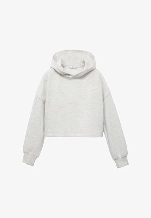 Gekürzter hellgrauer Hoodie aus weichem Stoff, mit einer geräumigen Kapuze und langen Ärmeln. Beinhaltet einen kleinen weißen Grafikdruck auf der Brust.