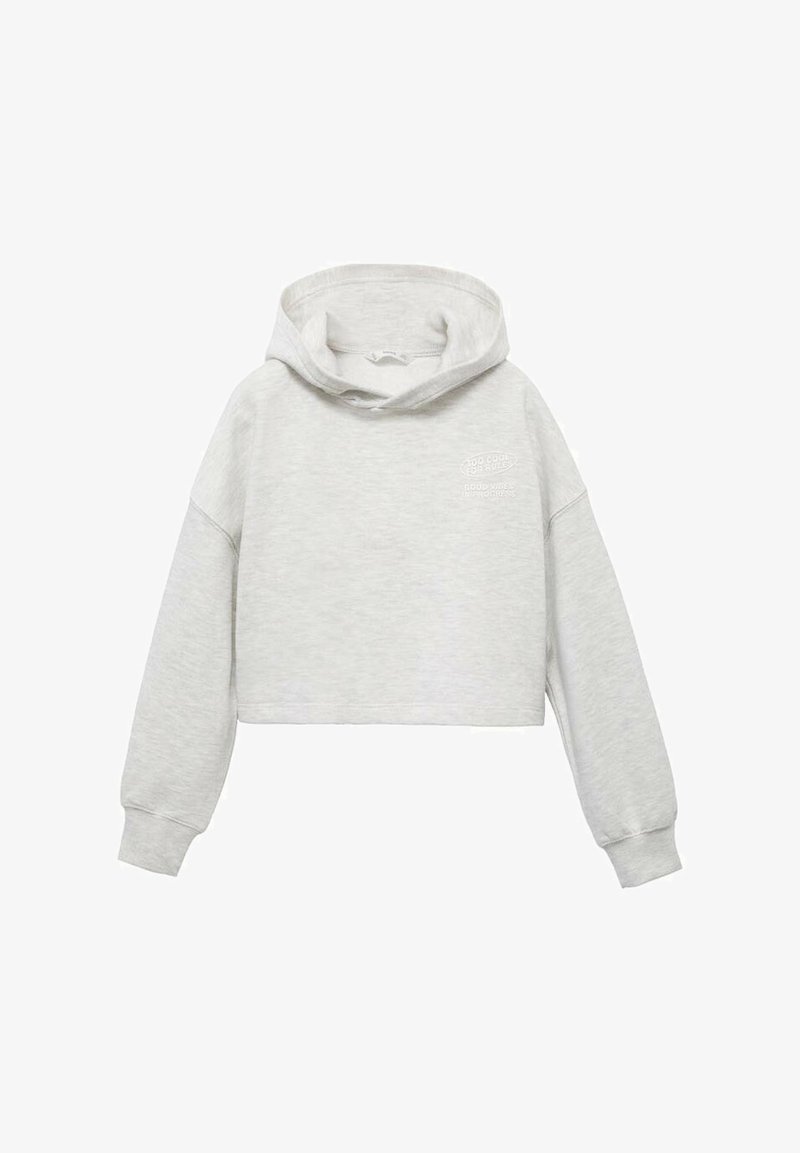 Střihově zkrácená světle šedá mikina s kapucí vyrobená z měkké tkaniny, s prostornou kapucí a dlouhými rukávy. Obsahuje malý bílý grafický potisk na hrudi.