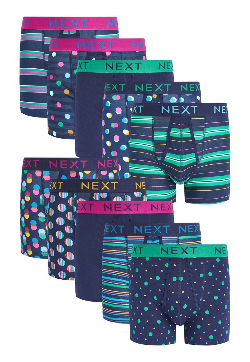 Ensemble de boxers comprenant différents motifs, notamment des rayures et des pois, en bleu marine et multicolore. Chacun possède une ceinture élastique distincte.