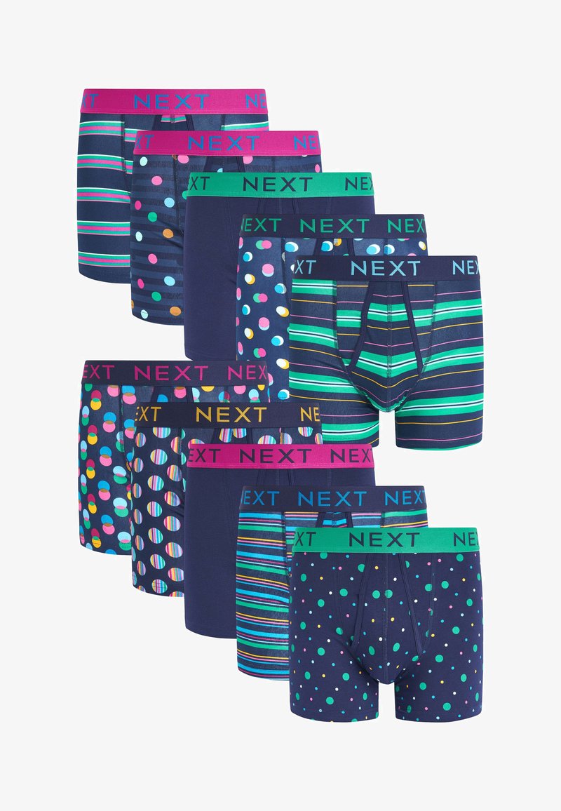 Boxer briefs set featuring various patterns, including stripes and polka dots, in navy and multicolor. Each has a distinct elastic waistband.