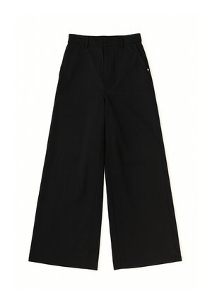 Szerokie czarne spodnie wykonane z lekkiego materiału, z czterema kieszeniami, szlufkami na pasek oraz małym logo na pasie.