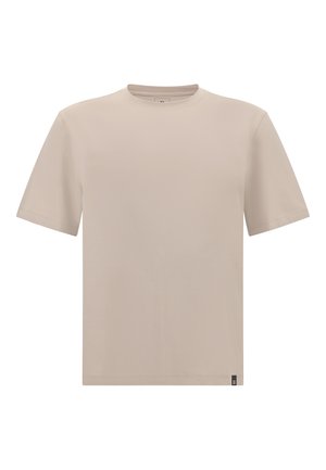 T-shirt beige a maniche corte in morbido cotone, con un classico collo a giro e una piccola etichetta del brand sull'orlo inferiore sinistro.