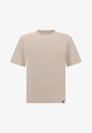 Beige korte mouwen t-shirt gemaakt van zachte katoen, met een klassieke ronde hals en een klein merklabel op de onderste linkse zoom.
